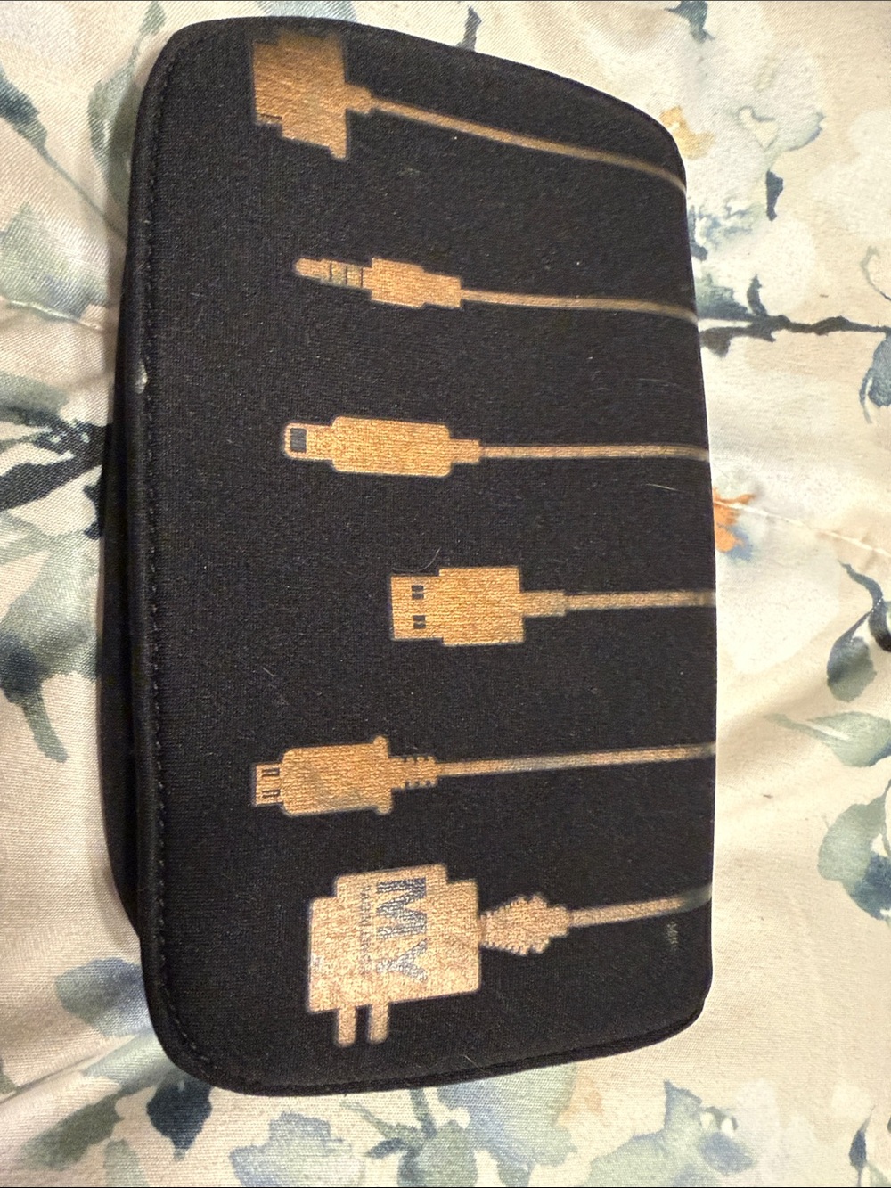 Black and Gold Tech Cable Organizer Pouch with universal adapter